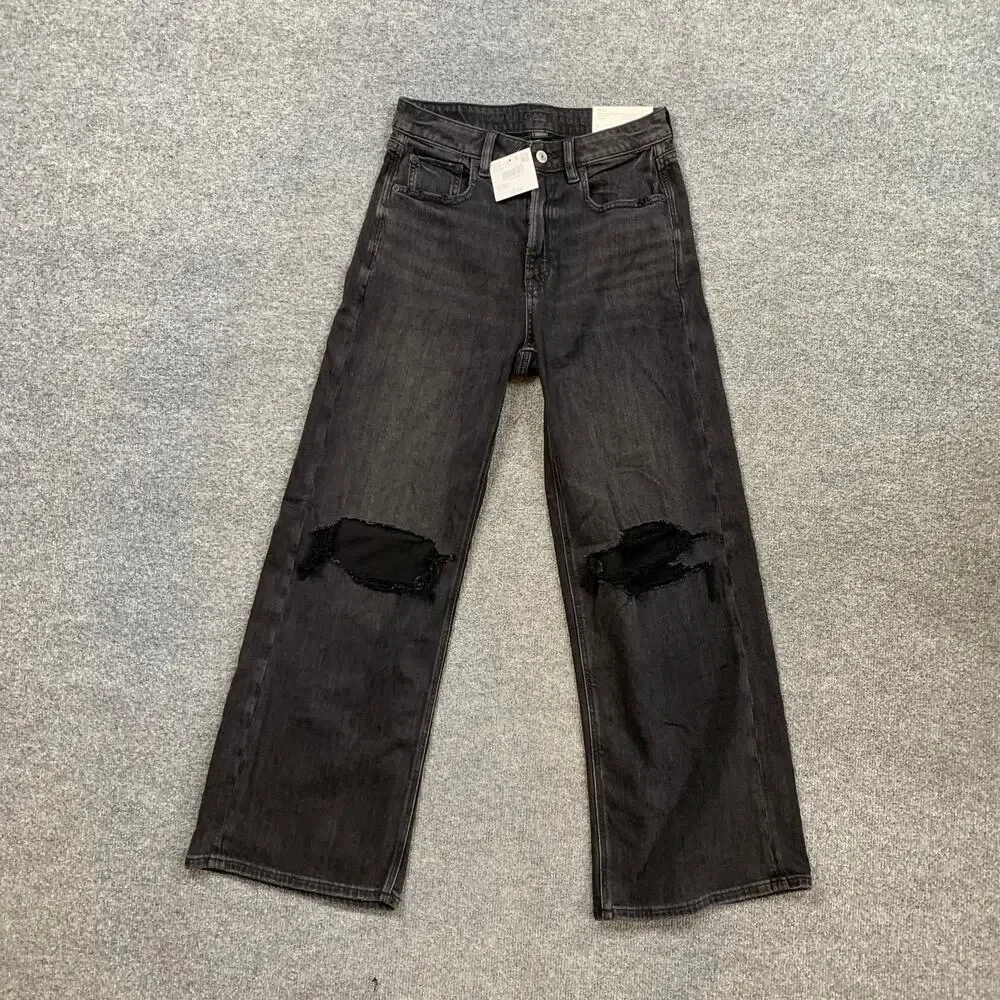 American Eagle Jeans Women 2 Short Black Slash Dreamy Drape High Rise Baggy Wide